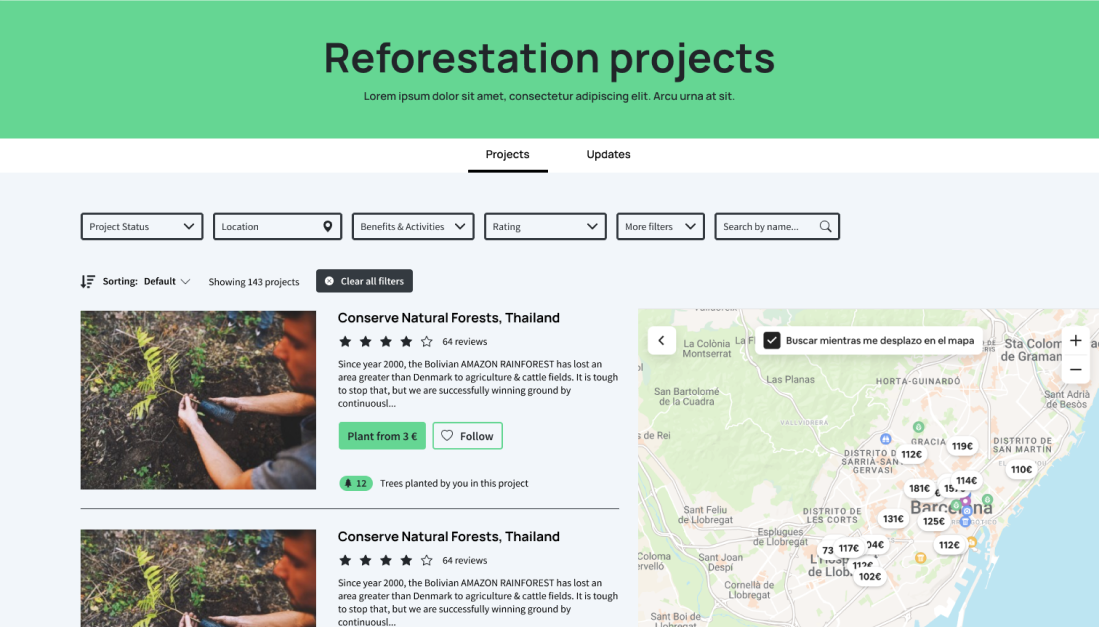 Screeshot de una páginad web listando proyectos de reforestación